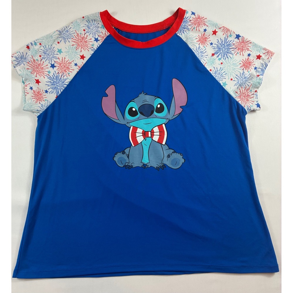 Disney Stitch Pajama Top Womens XXXL 21 Blue Fireworks Raglan Sleep Shirt